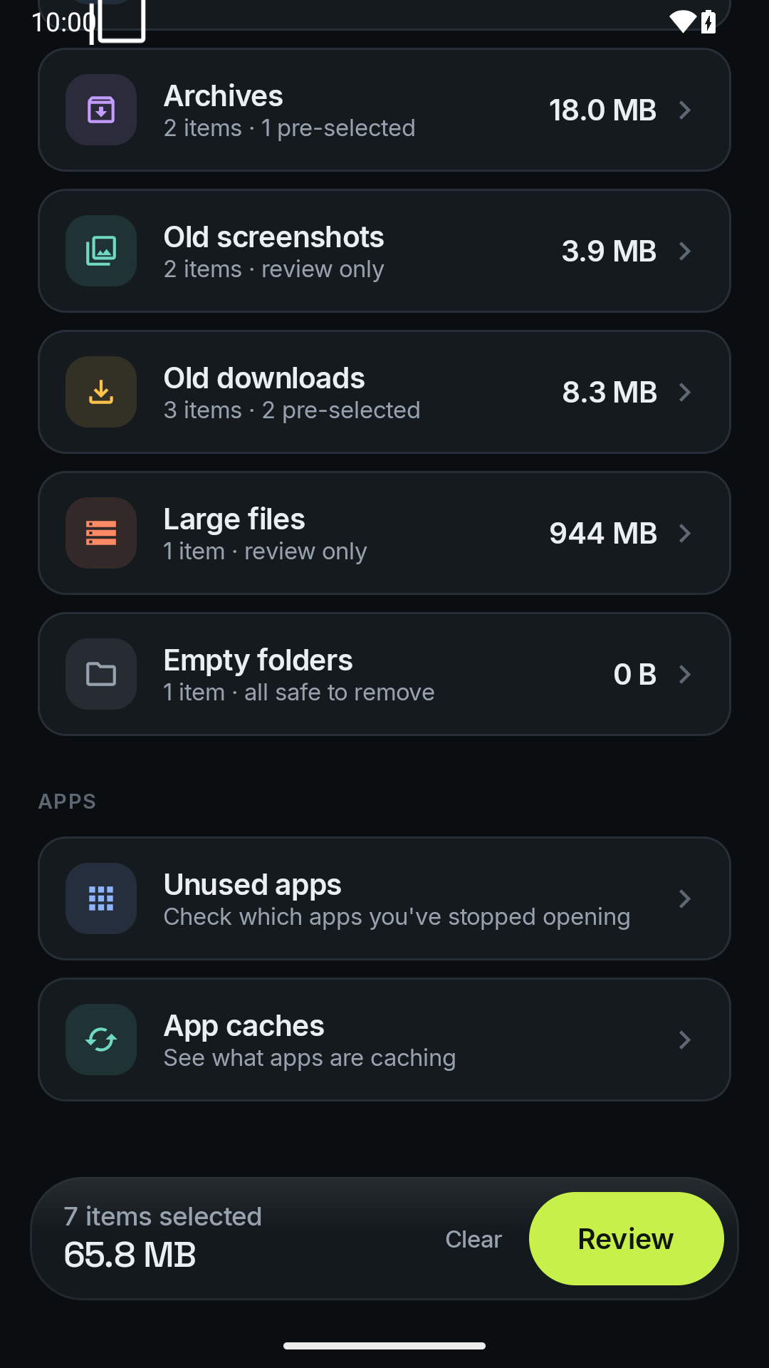 Categorias de limpeza e gestão de armazenamento na aplicação Sweep